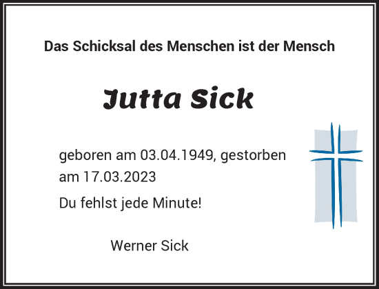 Anzeige von Jutta Sick von General-Anzeiger Bonn