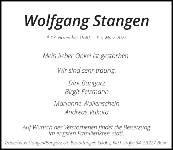 Anzeige von Wolfgang Stangen von General-Anzeiger Bonn