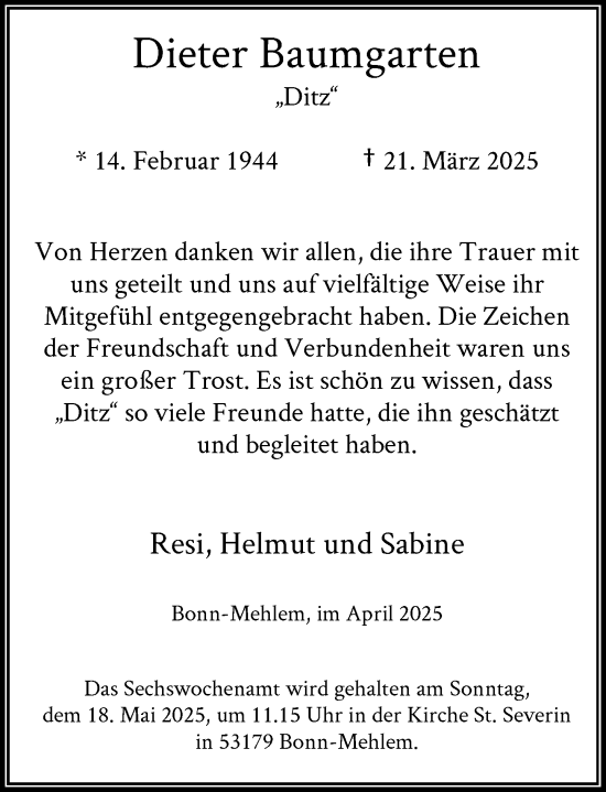 Anzeige von Dieter Baumgarten von General-Anzeiger Bonn