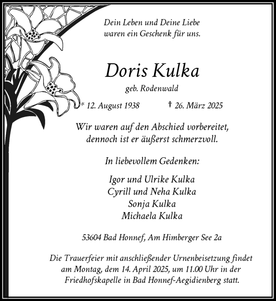 Anzeige von Doris Kulka von General-Anzeiger Bonn