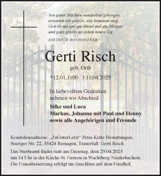 Anzeige von Gerti Risch  