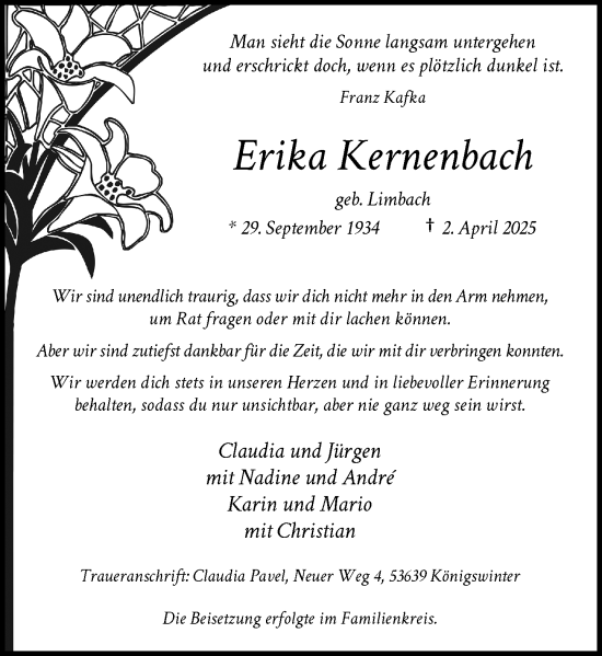 Anzeige von Erika Kernenbach von General-Anzeiger Bonn