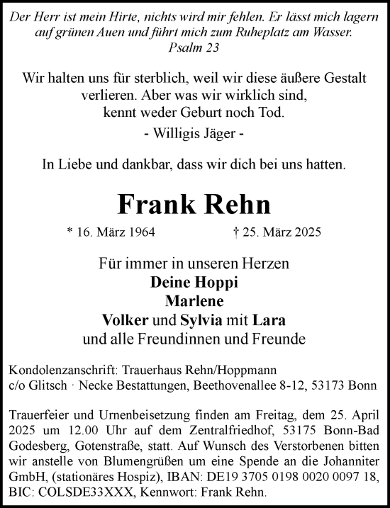 Anzeige von Frank Rehn von General-Anzeiger Bonn