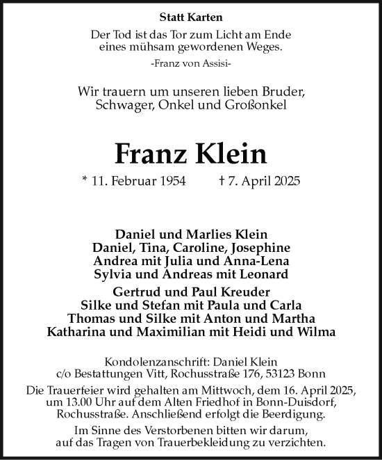 Anzeige von Franz Klein von General-Anzeiger Bonn