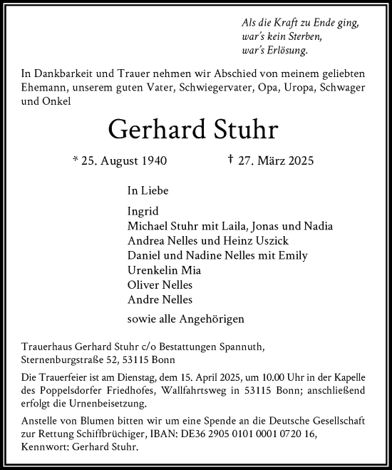 Anzeige von Gerhard Stuhr von General-Anzeiger Bonn