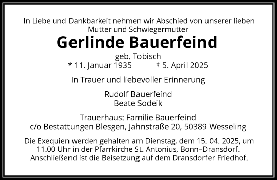 Anzeige von Gerlinde Bauerfeind von General-Anzeiger Bonn