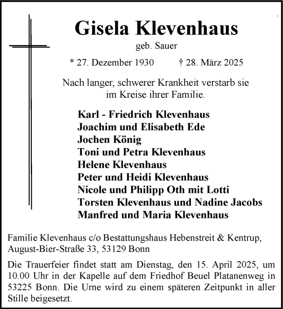 Anzeige von Gisela Klevenhaus von General-Anzeiger Bonn