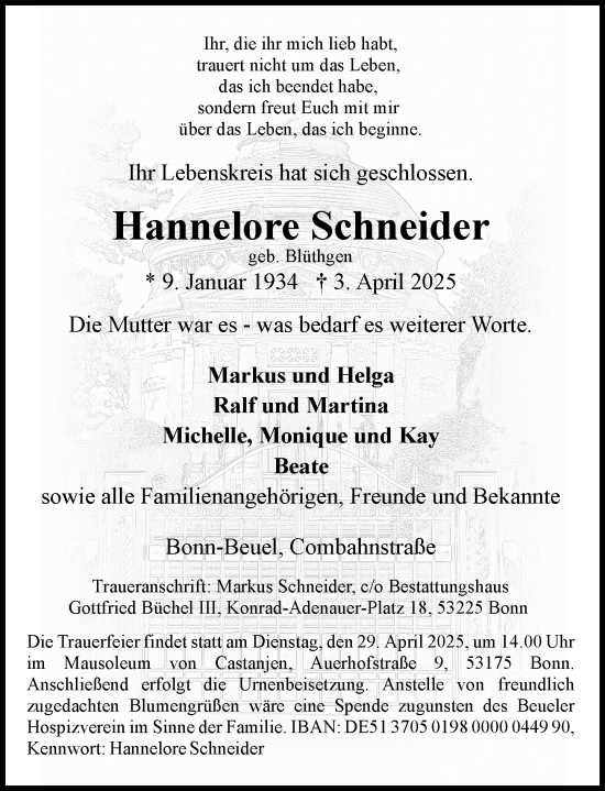 Anzeige von Hannelore Schneider von General-Anzeiger Bonn