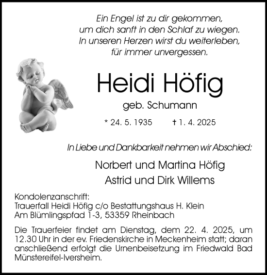 Anzeige von Heidi Höfig von General-Anzeiger Bonn