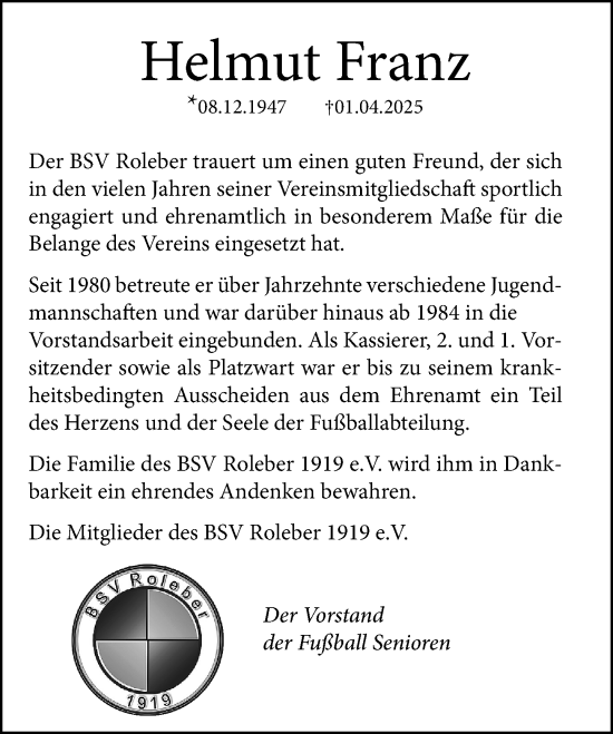 Anzeige von Helmut Franz von General-Anzeiger Bonn