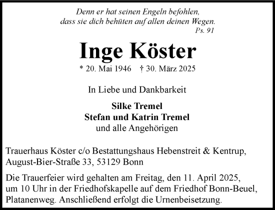 Anzeige von Inge Köster von General-Anzeiger Bonn