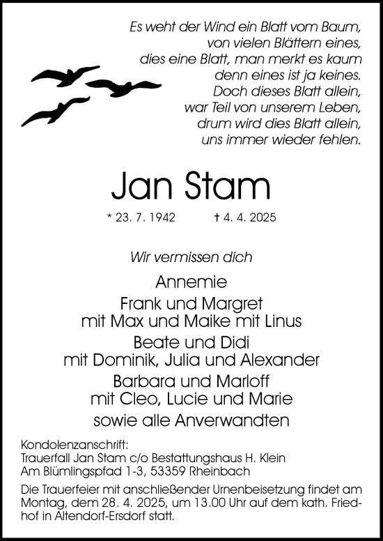 Anzeige von Jan Stam von General-Anzeiger Bonn