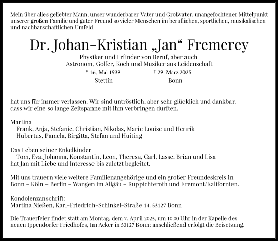 Anzeige von Johan-Kristian Fremerey von General-Anzeiger Bonn