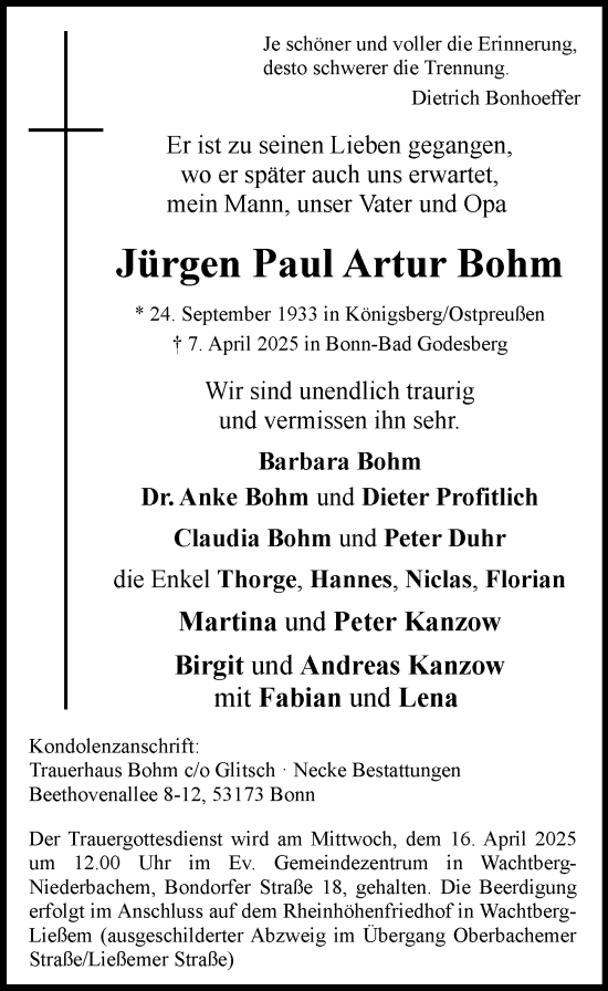 Anzeige von Jürgen Paul Artur Bohm von General-Anzeiger Bonn
