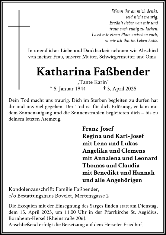 Anzeige von Katharina Faßbender von General-Anzeiger Bonn