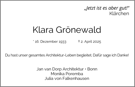 Anzeige von Klara Grönewald von General-Anzeiger Bonn
