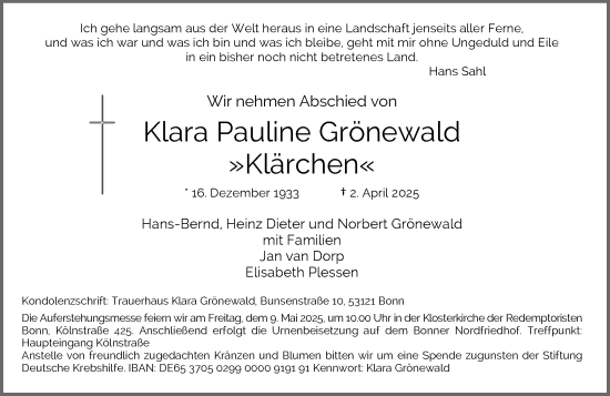 Anzeige von Klara Pauline Grönewald von General-Anzeiger Bonn