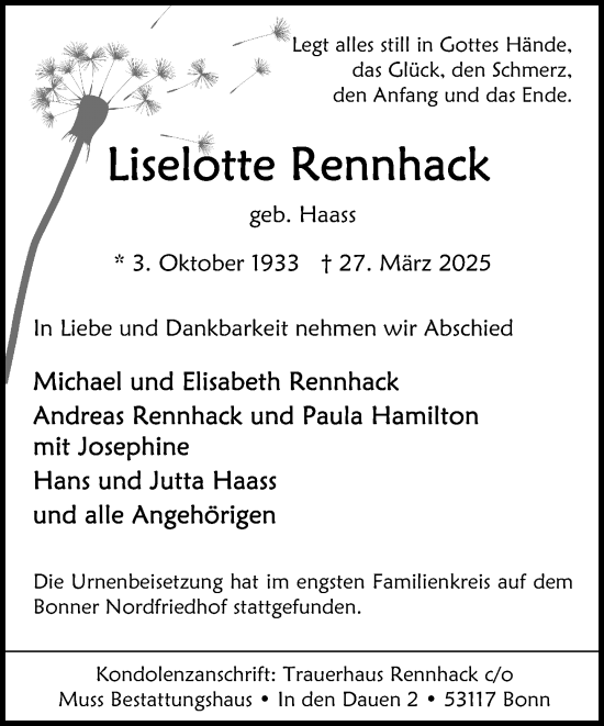 Anzeige von Liselotte Rennhack von General-Anzeiger Bonn