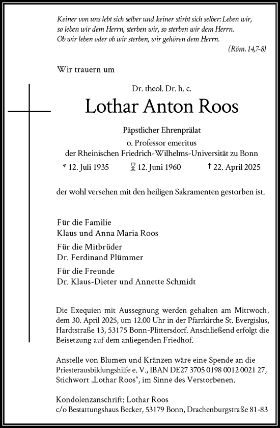 Anzeige von Lothar Anton Roos von General-Anzeiger Bonn
