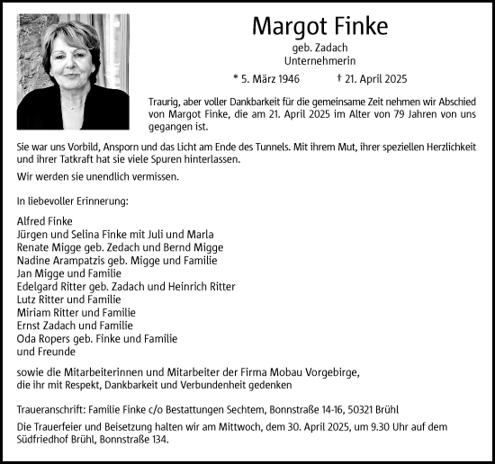 Anzeige von Margot Finke von General-Anzeiger Bonn
