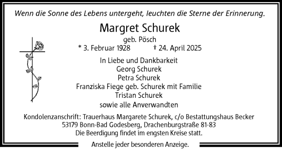 Anzeige von Margret Schurek von General-Anzeiger Bonn