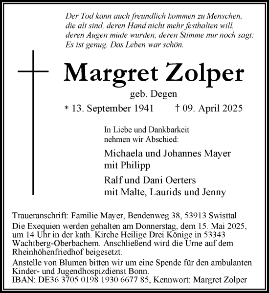 Anzeige von Margret Zolper von General-Anzeiger Bonn