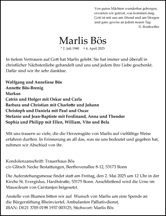Anzeige von Marlis Bös von General-Anzeiger Bonn