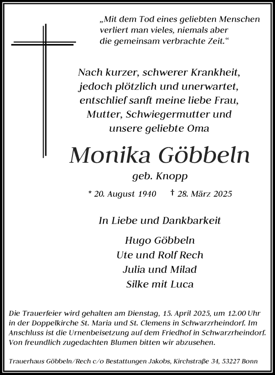 Anzeige von Monika Göbbeln von General-Anzeiger Bonn