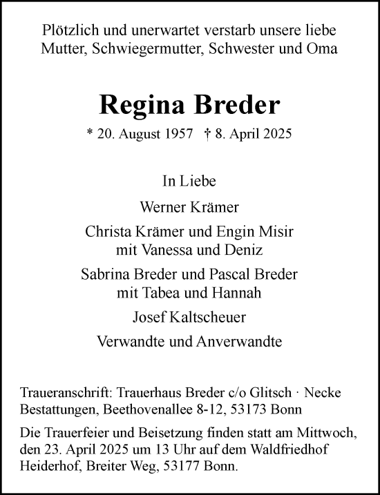 Anzeige von Regina Breder von General-Anzeiger Bonn