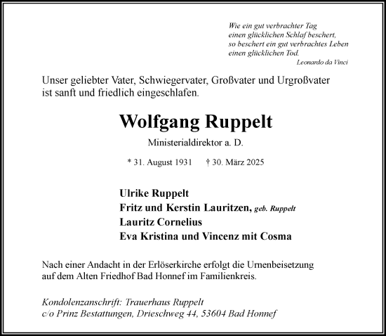 Anzeige von Wolfgang Ruppelt von General-Anzeiger Bonn