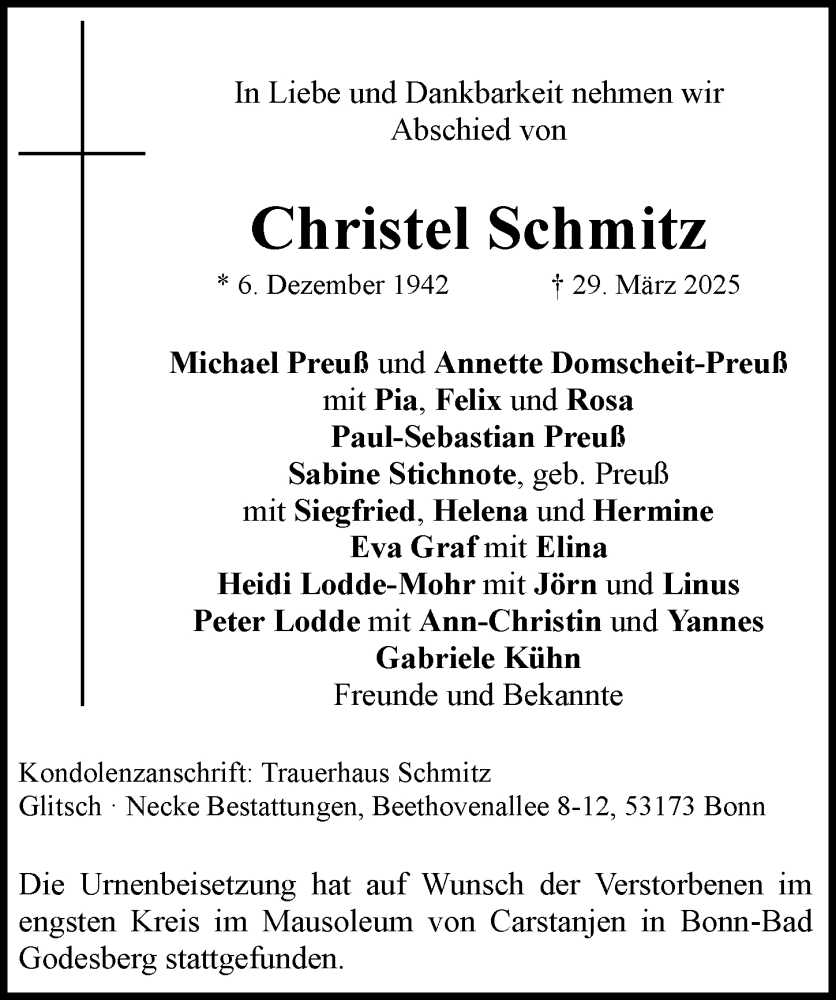  Traueranzeige für Christel Schmitz vom 17.05.2025 aus General-Anzeiger Bonn