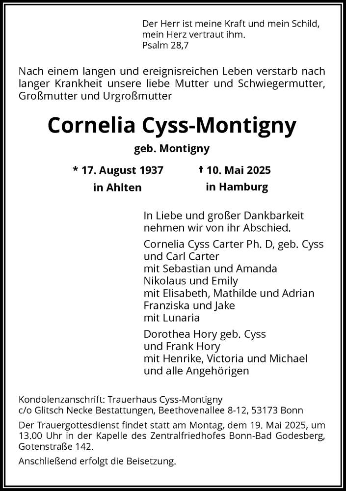  Traueranzeige für Cornelia Cyss-Montigny vom 14.05.2025 aus General-Anzeiger Bonn