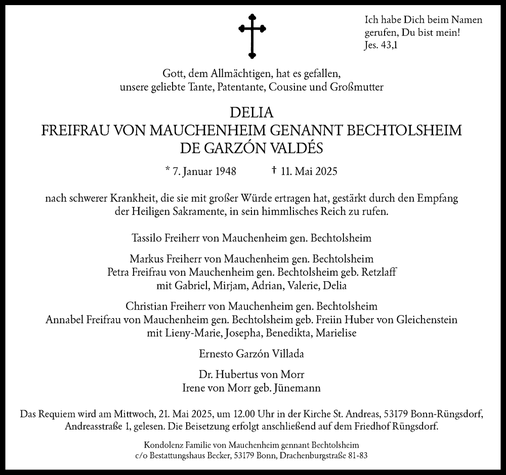  Traueranzeige für Delia Freifrau von Mauchenheim genannt Bechtolsheim de Garzón Valdés vom 17.05.2025 aus General-Anzeiger Bonn
