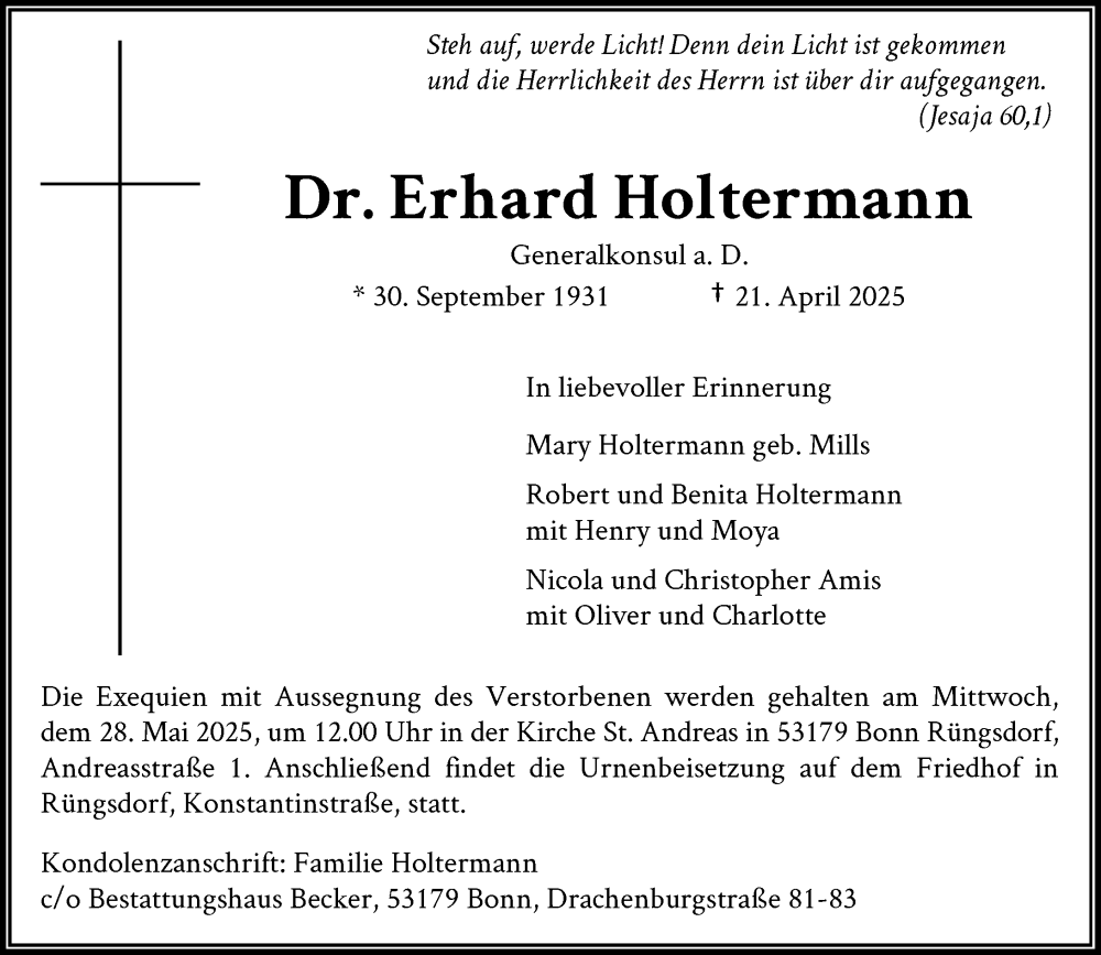  Traueranzeige für Erhard Holtermann vom 17.05.2025 aus General-Anzeiger Bonn