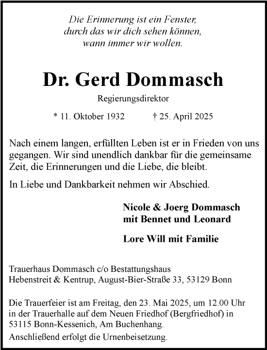 Anzeige von Gerd Dommasch von General-Anzeiger Bonn