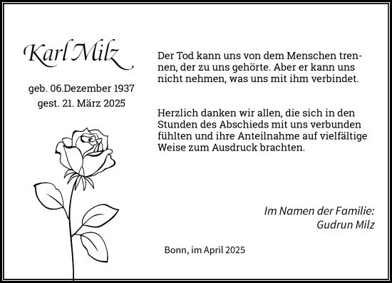 Anzeige von Karl Milz von General-Anzeiger Bonn