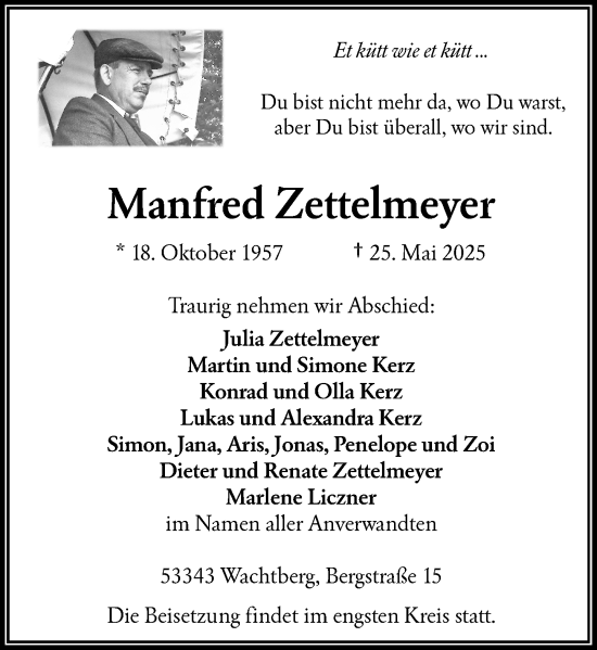 Anzeige von Manfred Zettelmeyer von General-Anzeiger Bonn