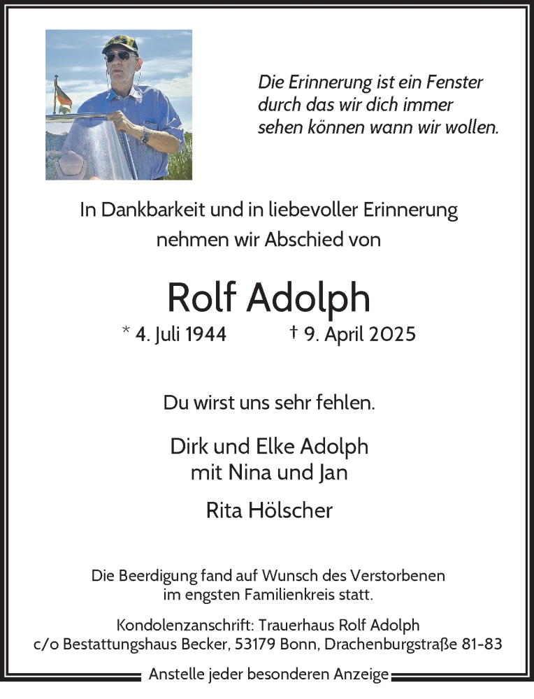  Traueranzeige für Rolf Adolph vom 03.05.2025 aus General-Anzeiger Bonn