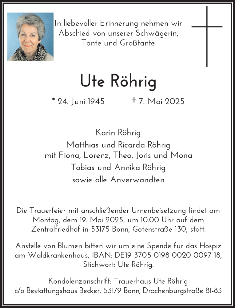  Traueranzeige für Ute Röhrig vom 17.05.2025 aus General-Anzeiger Bonn