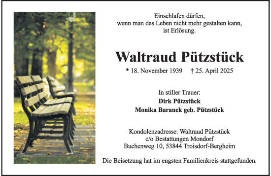 Anzeige von Waltraud Pützstück von General-Anzeiger Bonn