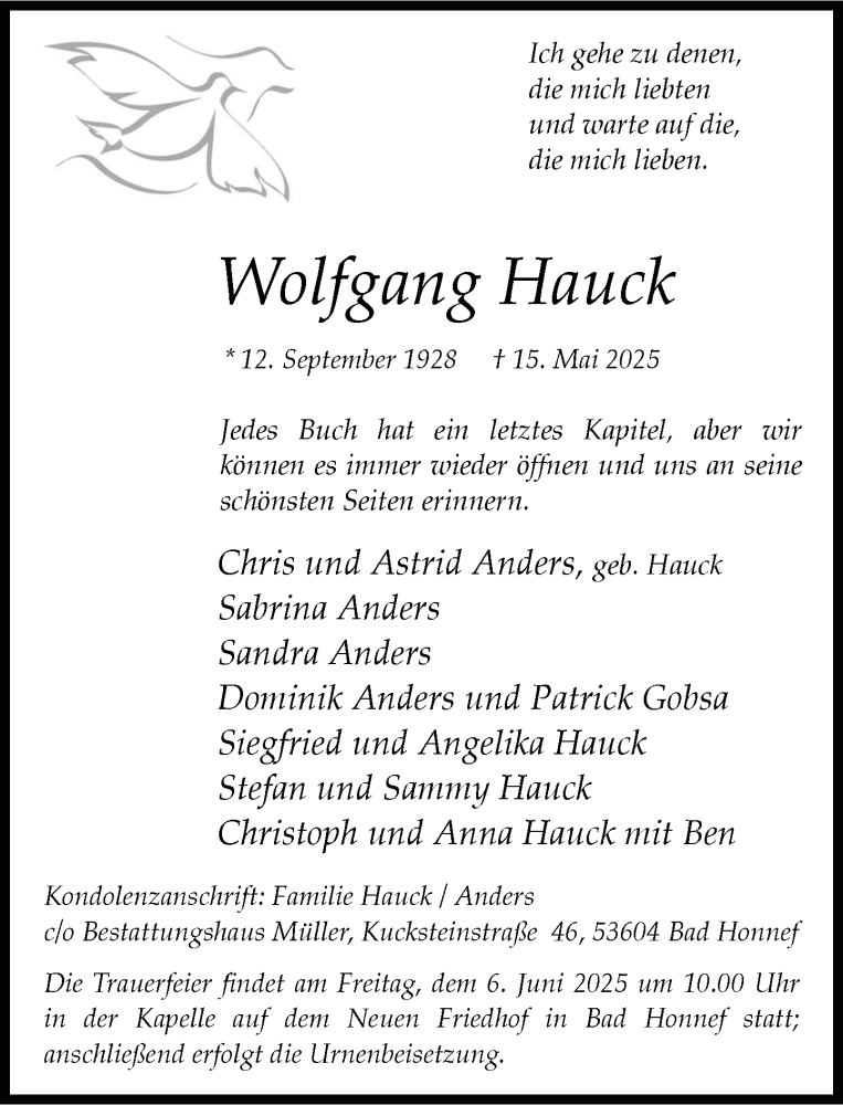  Traueranzeige für Wolfgang Hauck vom 24.05.2025 aus General-Anzeiger Bonn