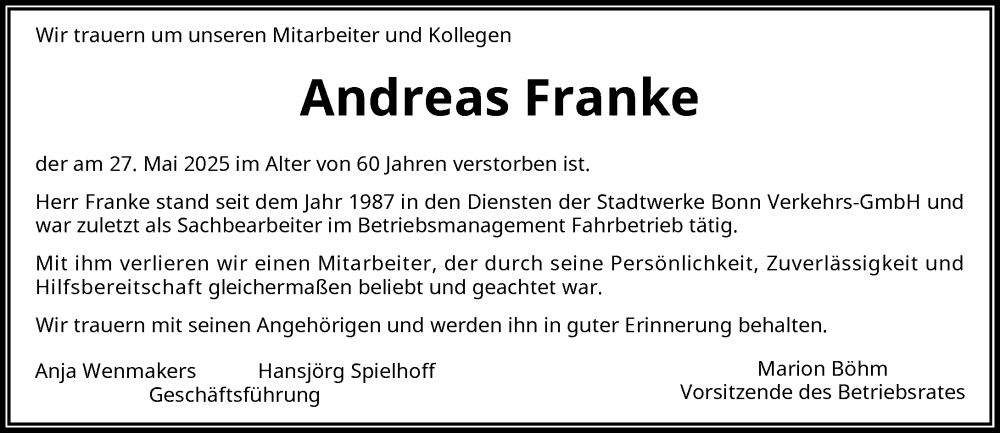  Traueranzeige für Andreas Franke vom 03.06.2025 aus General-Anzeiger Bonn