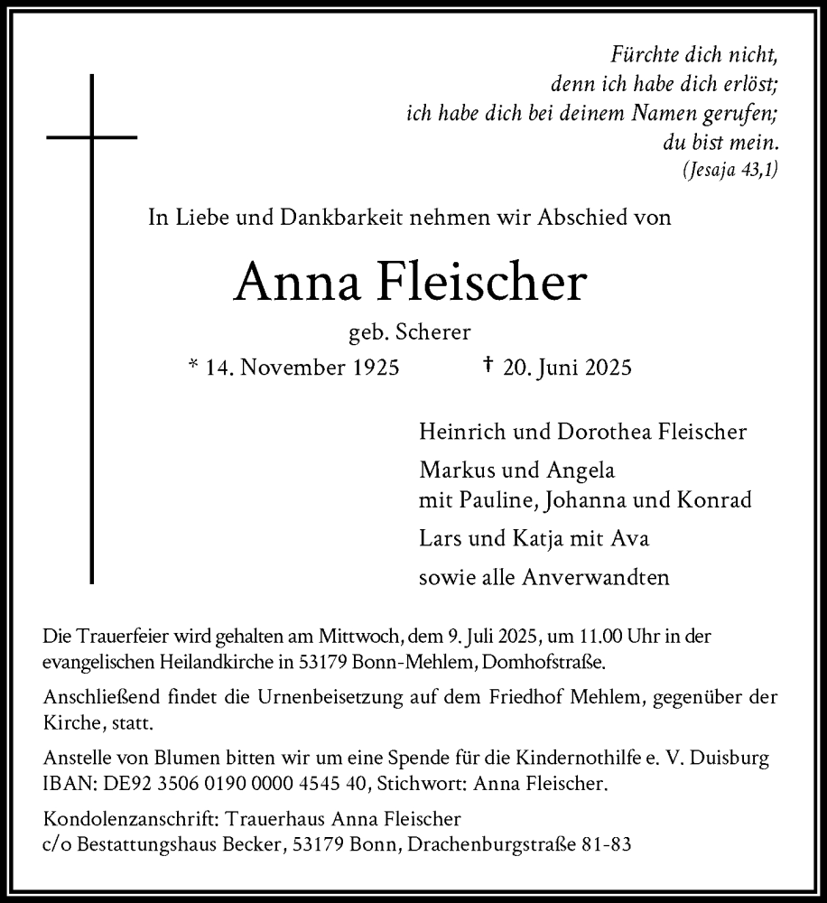 Traueranzeige für Anna Fleischer vom 28.06.2025 aus General-Anzeiger Bonn