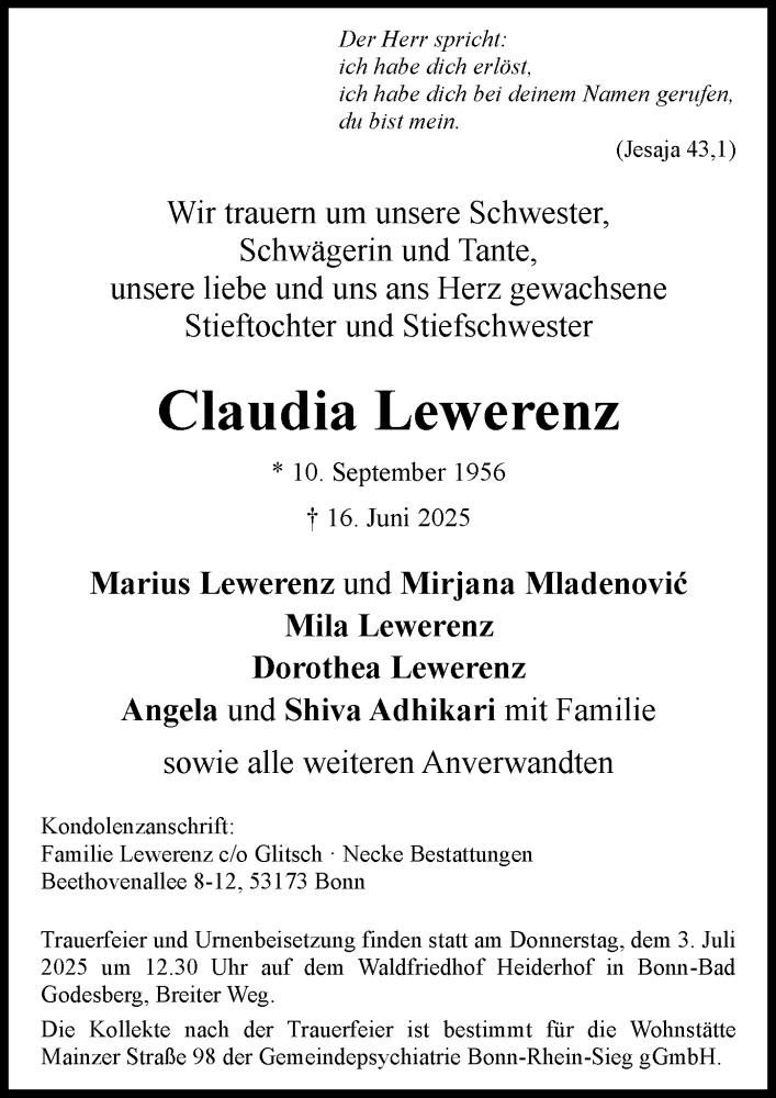  Traueranzeige für Claudia Lewerenz vom 28.06.2025 aus General-Anzeiger Bonn
