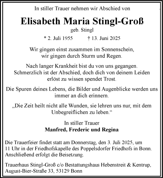 Anzeige von Elisabeth Maria Stingl-Groß von General-Anzeiger Bonn