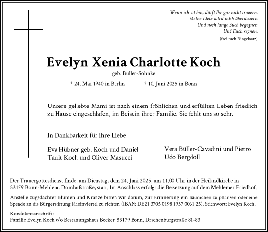 Anzeige von Evelyn Xenia Charlotte Koch von General-Anzeiger Bonn