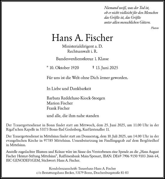 Anzeige von Hans A. Fischer von General-Anzeiger Bonn