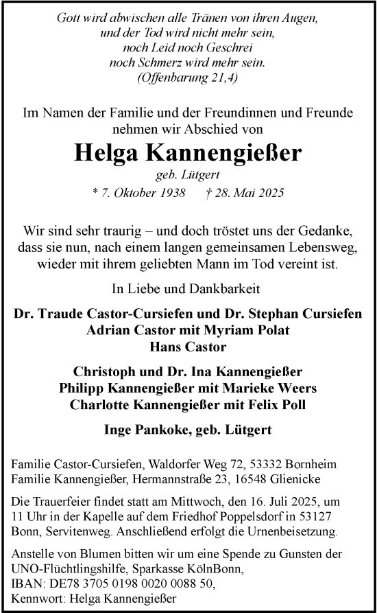 Anzeige von Helga Kannengießer von General-Anzeiger Bonn