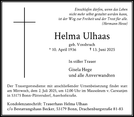 Anzeige von Helma Ulhaas von General-Anzeiger Bonn