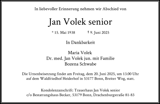 Anzeige von Jan Volek von General-Anzeiger Bonn